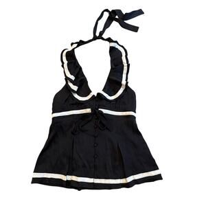 NWT Bebe Vintage Y2K Black and White Deep V Silk Ruffle Halter Top with Bow M